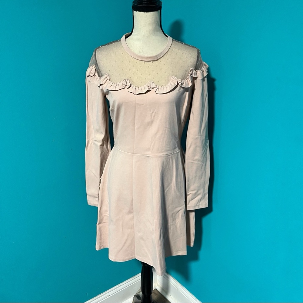 Red Valentino L Point D’esprit-Paneled Ruffled Ponte Mini Dress Nudo Blush Pink - Picture 4 of 10